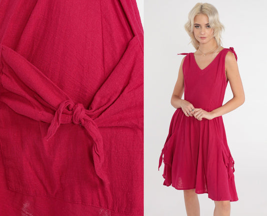 80s Berry Red Mini Sundress Sleeveless High Waist V Neck Pockets Small