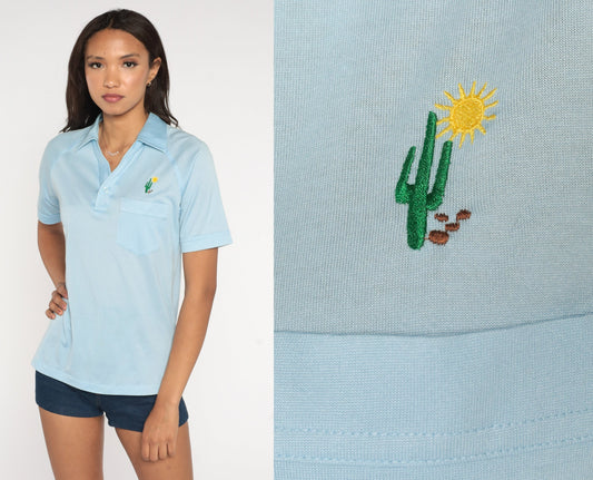 70s Robert Bruce Polo Shirt Baby Blue Cactus Embroidered Small