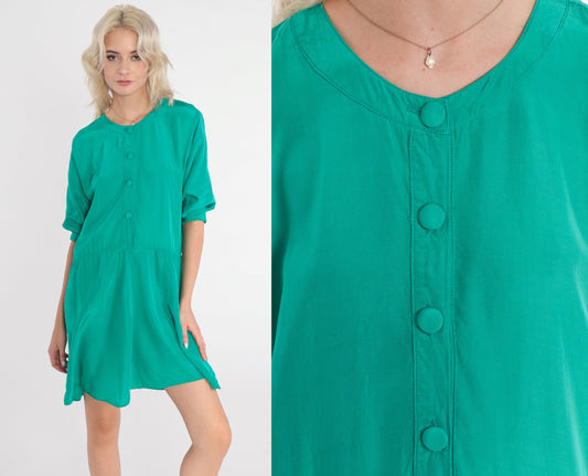 90s Nina Piccalina Green Mini Dress Button-Up Short Sleeve Medium