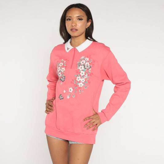 90s Floral Butterfly Quarter Zip Sweatshirt Pink Morning Sun Graphic Medium