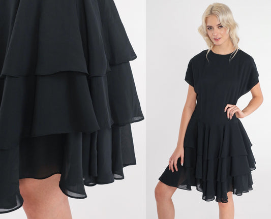 80s Jodi of California Black Mini Dress Ruffled Tiered Skirt Short Sleeve Small