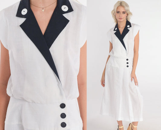 80s White Midi Wrap Dress Black Collar Cap Sleeve Button-Up Small