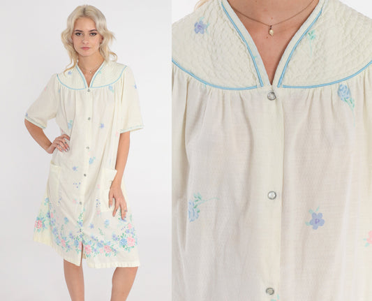 80s Pale Yellow Floral Nightgown Midi Snap-Front Pajama Dress Pockets Large L