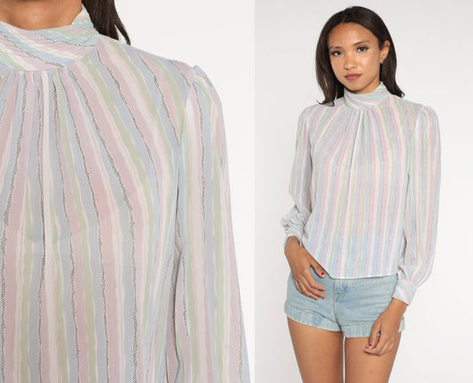 80s Pastel Striped Puff Sleeve Blouse Mock Neck Button Back Lavender Small