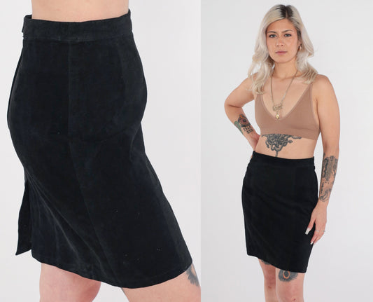 90s Black Suede Pencil Skirt Midi High Waist Rear Zip Medium