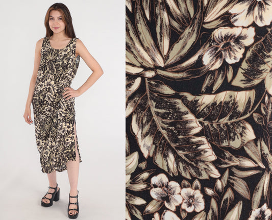 90s Black Floral Midi Dress Tropical Hibiscus Leaf Print Sleeveless Medium M