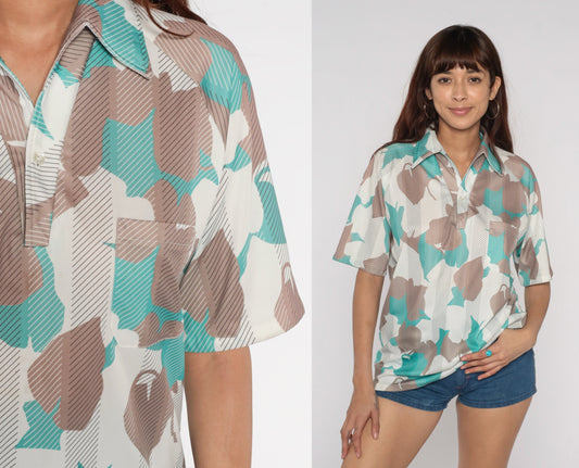 70s Dache of California Polo Shirt Abstract Leaf Print White Taupe Men's Medium