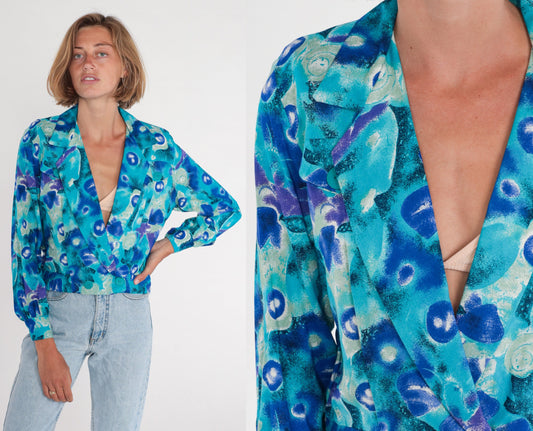 90s P.S Sport Abstract Blue Cropped Blazer Double Breasted Small
