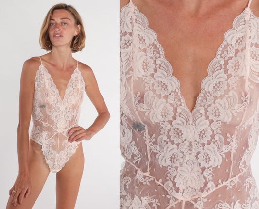 90s Barbizon Pink Lace Bodysuit Teddy V Neck Sheer Floral Medium M