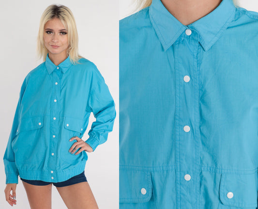 80s Koret Bright Blue Windbreaker Jacket Snap Front Medium M