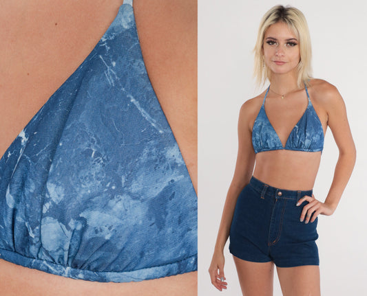 90s Blue Marble Tie Dye Halter Bikini Top Triangle Cups Small