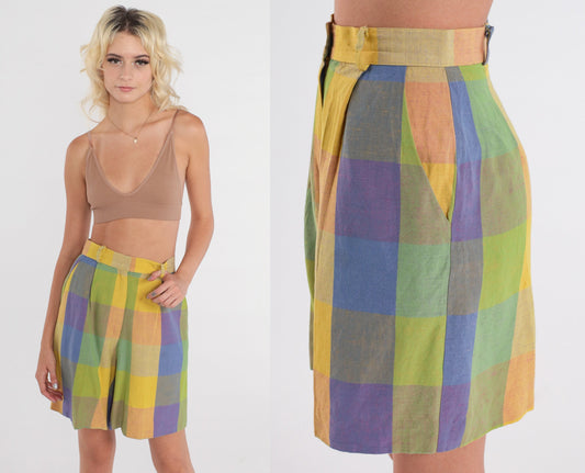 90s Plaid High-Waisted Shorts Yellow Purple Pleated Trouser Extra Small