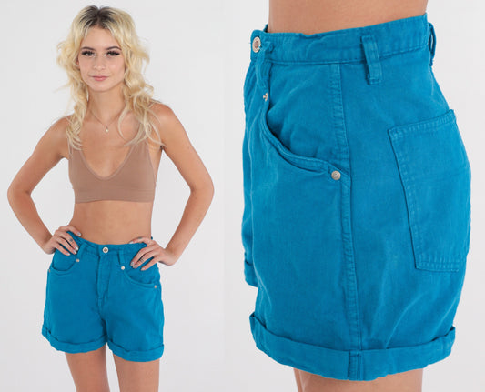 80s Bright Blue Denim Shorts High Waisted Cuffed Jean Shorts Small