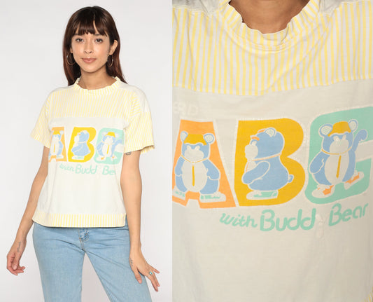 90s Buddy Bear ABC Striped Mockneck Tee Yellow White Graphic Medium M