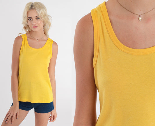 80s Yellow Tank Top Sleeveless Shirt Cotton Blend Small S
