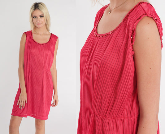 70s Dark Pink Mini Dress Sequin Trim Pleated Shift Sleeveless XS