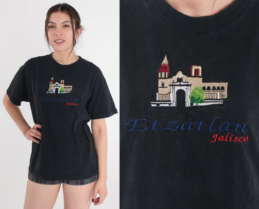 90s Etzatlan Jalisco Mexico Embroidered T-Shirt Black Parroquia Large