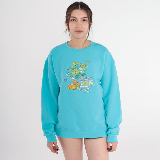 90s Blue Floral Garden Sweatshirt Butterfly Graphic Crewneck Medium M