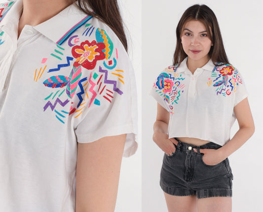 90s Lily's Floral Polo Crop Top White Abstract Print Collared Small