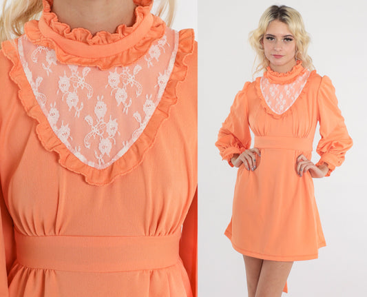 70s Orange Mini Dress White Lace Bib Empire Waist Puff Sleeve Small