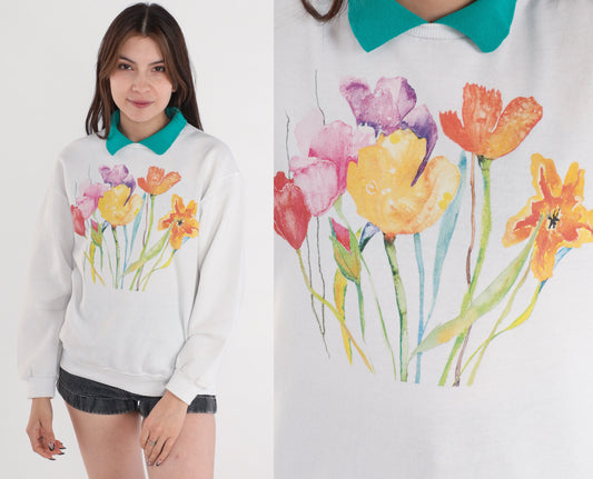 00s Jerzees Watercolor Floral Sweatshirt White Green Collar Medium