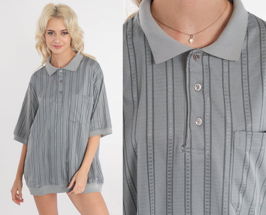 80s Grey Striped Polo Shirt Half Button Short Sleeve Men's Extra Large XL