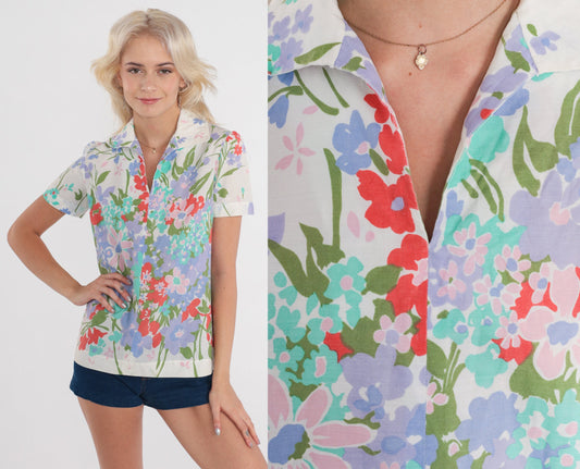 70s White Floral Puff Sleeve Blouse V Neck Tunic Extra Small XS