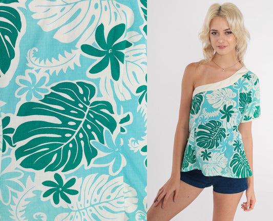 70s Hawaiian Floral One-Shoulder Blouse Blue Green Cotton Small