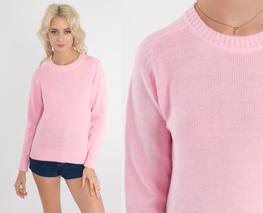 70s Baby Pink Knit Sweater Raglan Crewneck Pullover Small S