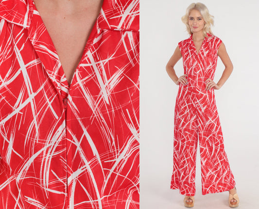 70s Red White Abstract Print Jumpsuit Wide Leg Sleeveless Zip Collar Medium