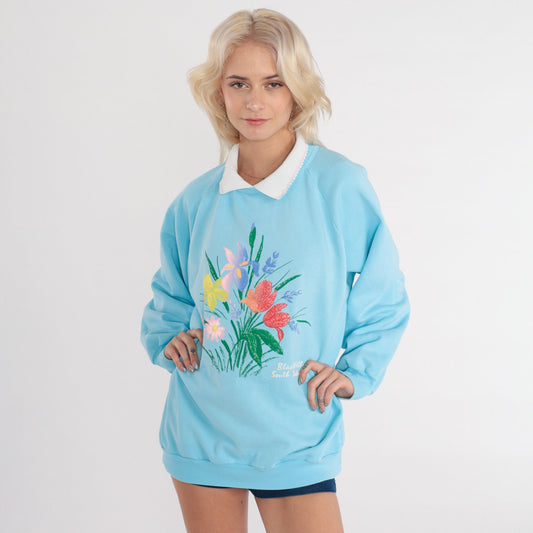 80s Black Hills South Dakota Floral Raglan Sweatshirt Baby Blue Collared Extra Large XXL