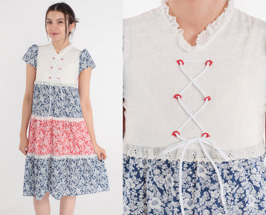 70s Floral Tiered Mini Dress Puff Sleeve White Eyelet Lace-Up Red Blue Petite XXS