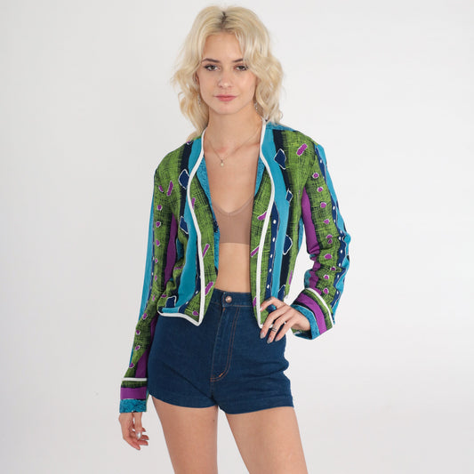 90s Geometric Striped Open Front Blazer Cropped Jacket Blue Green Purple Medium