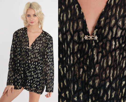 90s R&K Evening Sheer Black Blazer Metallic Animal Print Open Front Large L