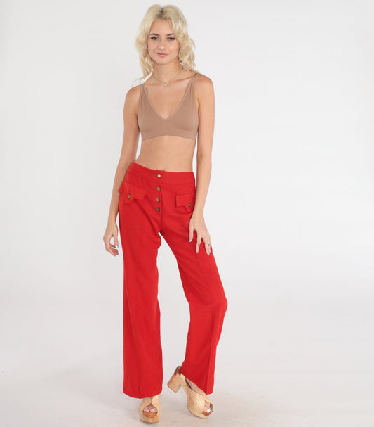 70s Red Wool Bell Bottom Trousers High Waist Button Fly Small