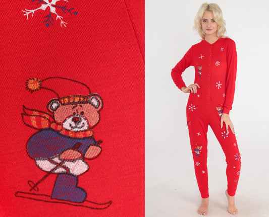 80s Red Pajama Jumpsuit Skiing Bears Snowflake Print Button-Up Extra Small