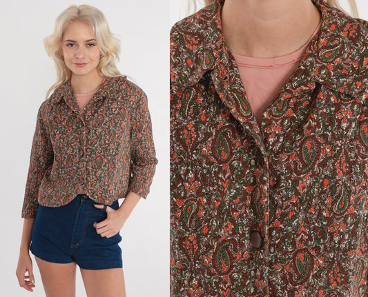 60s Paisley Cropped Jacket 3/4 Sleeve Button Up Brown Orange Green Extra Small