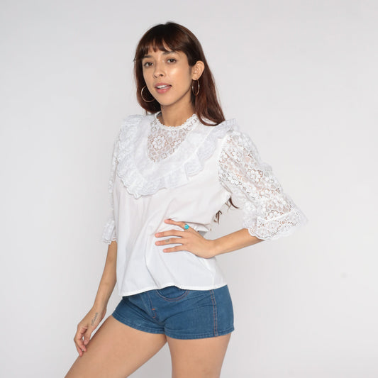 80s White Lace Bib Puff Sleeve Blouse Victorian Cottagecore Medium