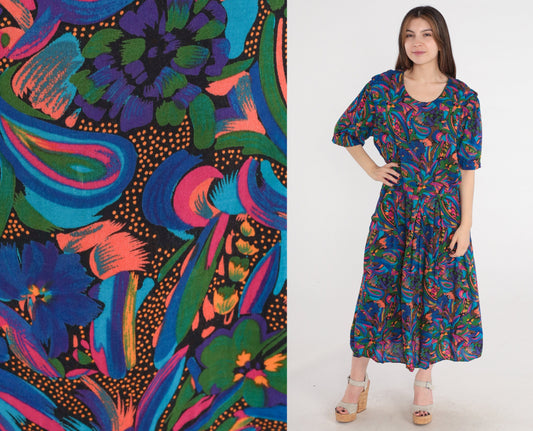 80s Paisley Floral Rayon Dress Drop Waist Pleated Midi Blue Pink Large L