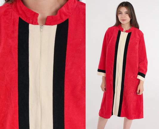 70s Red Striped Velour Robe Dress Mini Shift Front Zip Lounge Medium Large