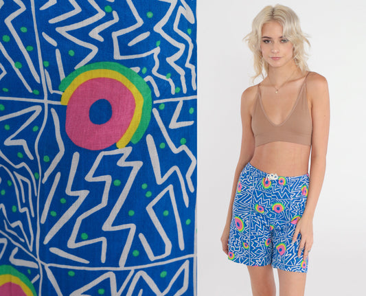 90s Blue Abstract Print Shorts High Drawstring Waist Wide Leg Extra Small