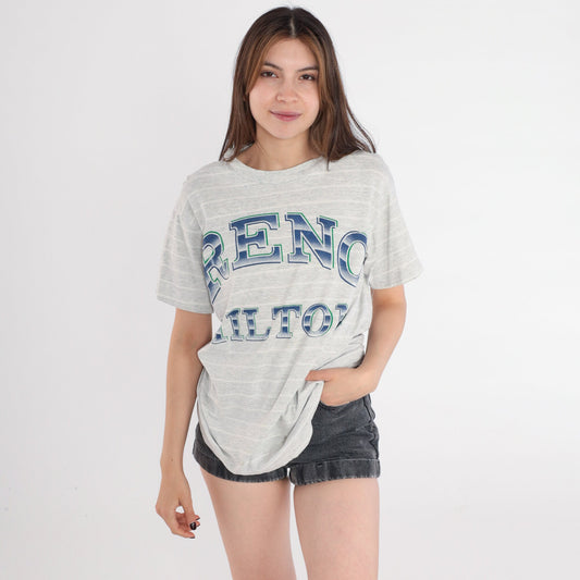 90s Reno Hilton Nevada Hotel Graphic T-Shirt Grey Striped Medium