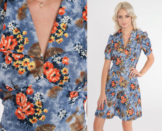 70s Blue Floral Babydoll Mini Dress Puff Sleeve Empire Waist Small S