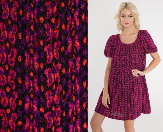 60s Butterfly Print Shift Dress Puff Sleeve Mini Pink Purple Orange Medium Large
