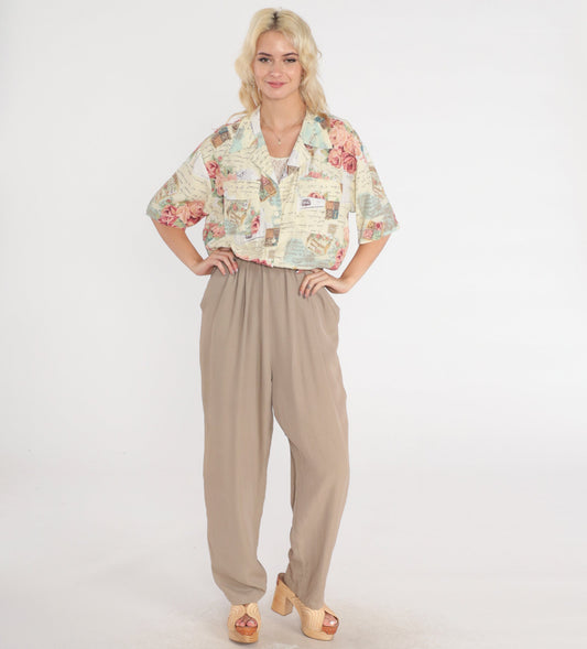 80s Jumpsuit Abstract Floral Rose Print High-Waisted Tapered Tan Medium Large