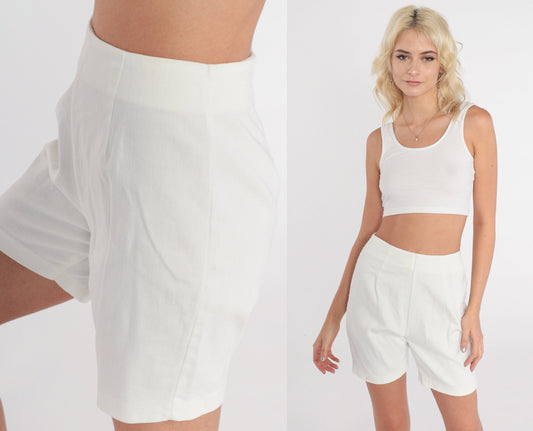 70s White Cotton High-Waist Bermuda Shorts Rear Zipper Extra Small