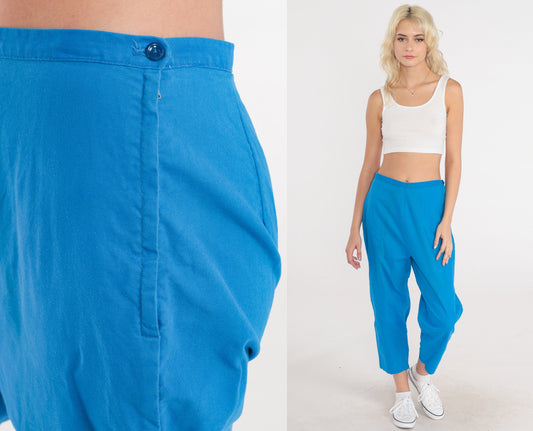 60s Bright Blue High-Waisted Cropped Trousers Side Zip Straight Leg Small