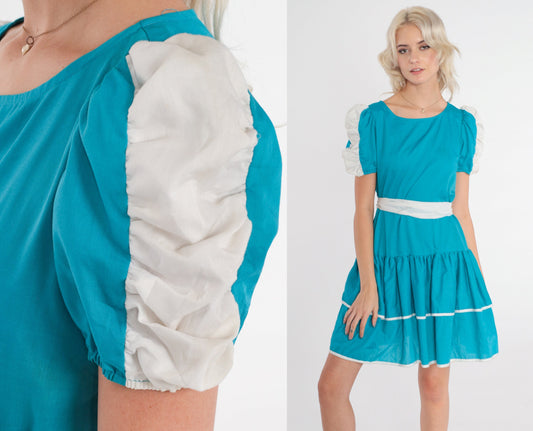 80s Blue Mini Dress Puff Sleeve Tiered Skirt High Waisted Extra Small