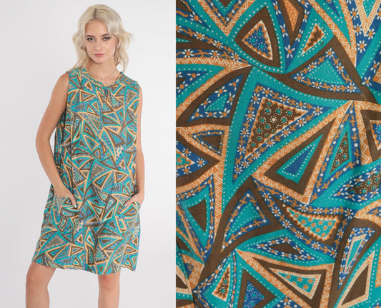 60s Mod Mini Shift Dress Abstract Floral Print Sleeveless Blue Medium M