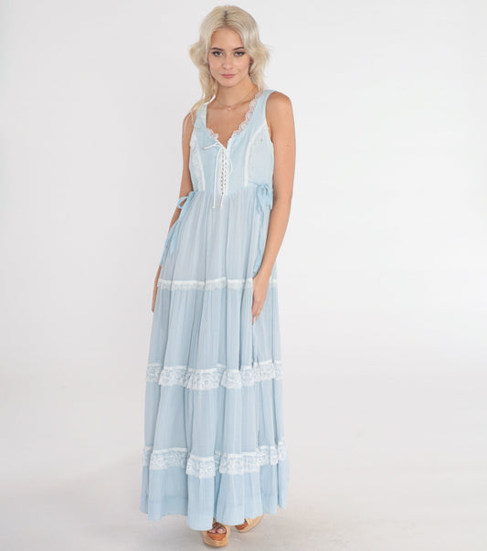 70s Gunne Sax Baby Blue Maxi Dress Lace-Up Bodice Tiered Small